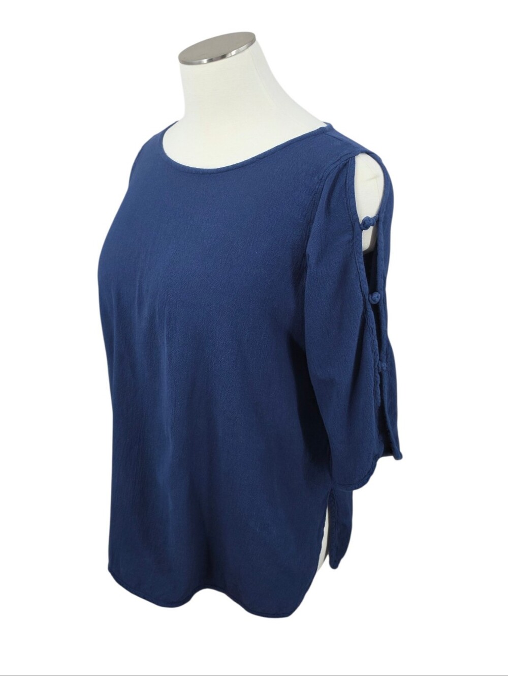 Dunes Vintage Cotton Women's Navy Blue Boatneck Pullover Top Knotted Open Sleeve